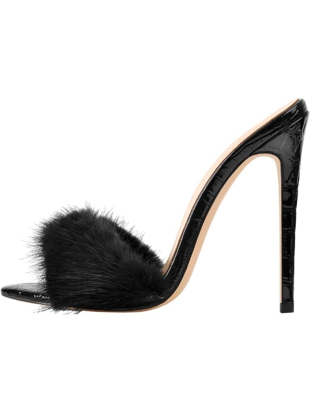 Women's Black Fur Fuzzy High Heels Stiletto High Heels Mules Sandals Pull On